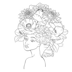 vector drawing woman with flowers at head , sketch of young girl, hand drawn illustration