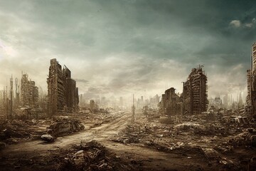 Empty ruined city. Post-apocalypse, houses and roads illustration. Generative AI - obrazy, fototapety, plakaty