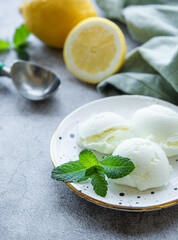 Homemade citrus lemon ice cream with mint