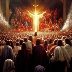Bible theme with crowd of people and shining in the center illustration. Generative AI