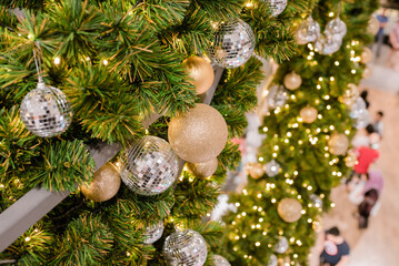Decorate christmas tree on blur background.