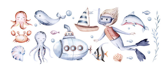 Set of sea animals. Blue watercolor ocean fish, turtle, whale and coral. Shell aquarium mermaid submarine. Nautical dolphin marine illustration, jellyfish, starfish © kris_art