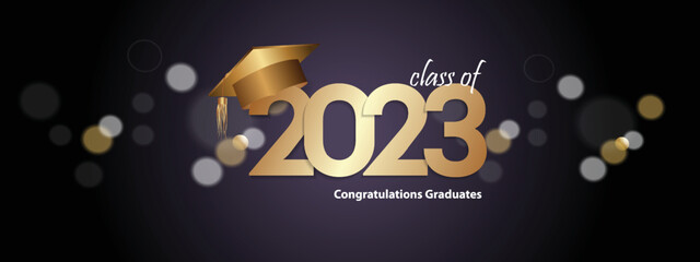 Congratulations on your graduation from school. Class of 2023. Graduation cap, confetti and balloons. Congratulatory banner. Academy of Education School of Learning