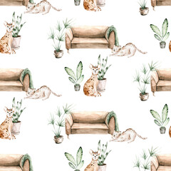 Watercolor Seamless Pattern with cute cartoon cats in scandinavian interior for Children. Cozy home with cats. Kids scrapbooking paper and wallwaper design.