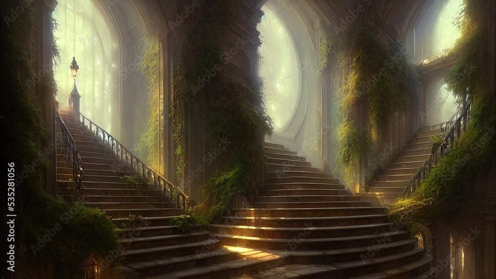 Wall mural Staircase in the palace leading to the top. Large panoramic windows. Fantasy interior with a garden. Rays of the sun, shadows. Majestic staircase. 3D illustration.