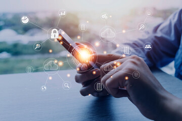 businessmen Fingerprint scanning and biometric authentication, processing of biometric for access personal data. surveillance and security scanning of digital programs cyber futuristic applications