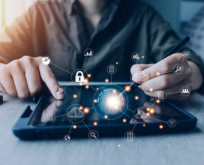 businessmen Fingerprint scanning and biometric authentication, processing of biometric for access personal data. surveillance and security scanning of digital programs cyber futuristic applications