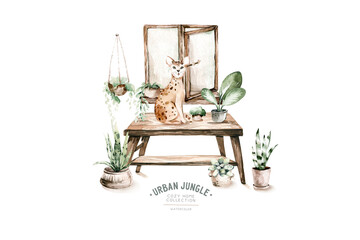 Watercolor room illustration with cat isolated on a white background. Scandinavian design. Hygge. Cute character design, perfect for book illustration and postcard design