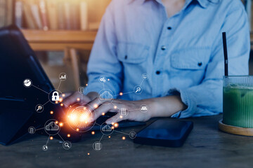 businessmen Fingerprint scanning and biometric authentication, processing of biometric for access personal data. surveillance and security scanning of digital programs cyber futuristic applications