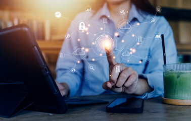 businessmen Fingerprint scanning and biometric authentication, processing of biometric for access personal data. surveillance and security scanning of digital programs cyber futuristic applications