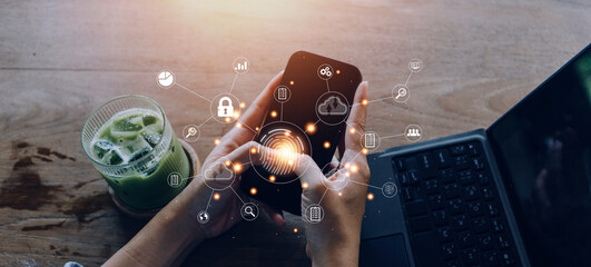 businessmen Fingerprint scanning and biometric authentication, processing of biometric for access personal data. surveillance and security scanning of digital programs cyber futuristic applications