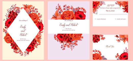 vector floral design for wedding invitation with red flowers and leaves, floral poster, decorative greeting cards