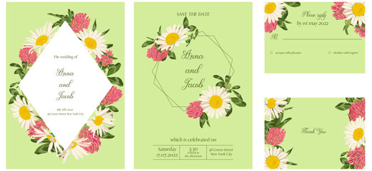 Fototapeta na wymiar vector floral design for wedding invitation with wild flowers and leaves, daisies and red clover, floral poster, decorative greeting cards