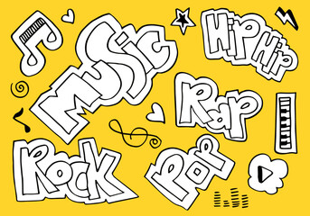 Vector set of hand drawn doodles on music theme with Music Notes and lettering.