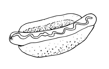 Vector hot dog. hand-drawn sketch of a hot dog bun with sesame texture in polka dots with sausage and sauce isolated contour black on white for a design template, for labels, menus, signage