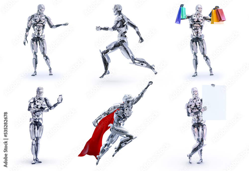 Aufkleber humanoid robots posing. ai cyber bots characters. future android robots, industry digital cyborgs, f