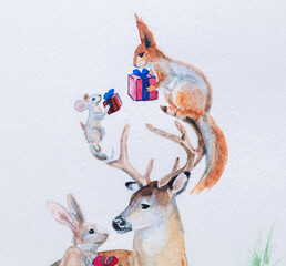 Christmas animal illustration. A deer, a hare, a squirrel and a mouse give gifts to each other.