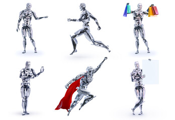 Humanoid robots posing. AI cyber bots characters. Future Android robots, industry digital cyborgs, futuristic technology service, communication, robotic tech industry 4.0, artificial intelligence 3D