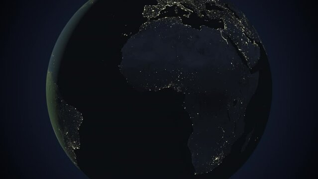 Seamless looping animation of the earth at night zooming in to the 3d map of Cameroon with the capital and the biggest cites in 4K resolution