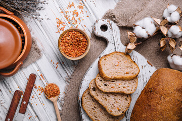 Fresh slice bread on wood top view