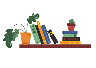 Hanging shelf with books and a flower. Vector illustration