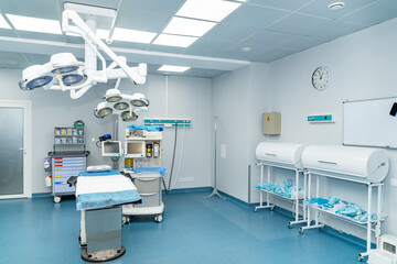 Sterile indoor clinical emergency ward. Modern medical professional hospital room.