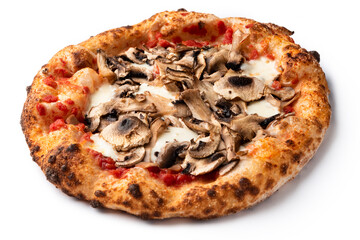 Deliziosa pizza italiana condita con mozzarella, sugo e funghi champignon 