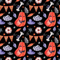 Seamless pattern with pumpkins, bones and garlands on a black background. Watercolor illustration. Halloween. Holiday. Leaves. Print on fabric and wrapping paper. Autumn. October. Art. Design. 