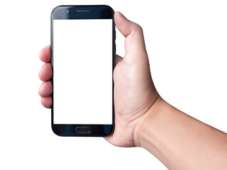 Male hand holding a smartphone with blank screen isolated on white background.