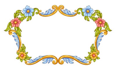 Decorative floral frame in baroque style. Colorful curling plant.