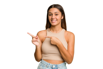 Young Indian woman isolated cutout removal background excited pointing with forefingers away.