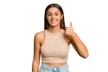Young Indian woman isolated cutout removal background smiling and raising thumb up
