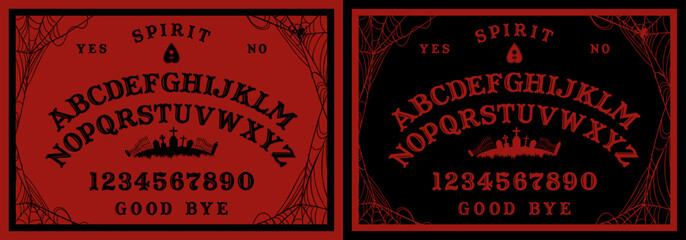 Halloween Ouija Board on wooden texture. Planchette play with calling souls and demons. Party poster. Graphic, caligraphy, typography, alphabet, letters, numbers and web. Cementery skyline.