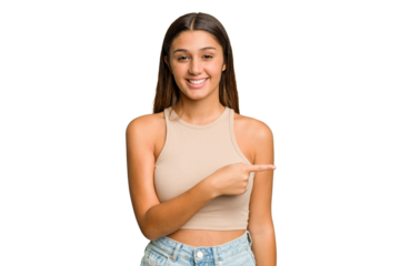 Young Indian woman isolated cutout removal background smiling and pointing aside, showing something at blank space.