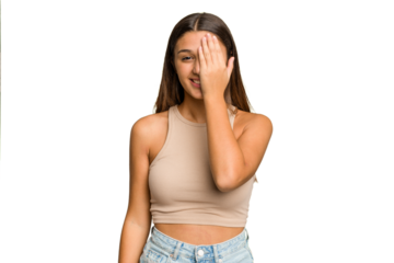 Young Indian woman isolated cutout removal background having fun covering half of face with palm.