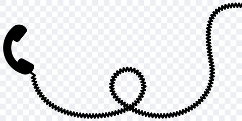 Telephone receiver with a cord. Phone handset with extension cord. Black silhouette isolated on a white background. Vector clipart.