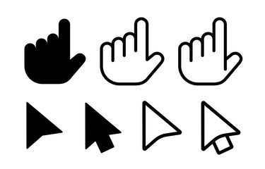 Computer Mouse click cursor. Mouse pointers set. Black vector icons of arrows and hands. Vector clipart.