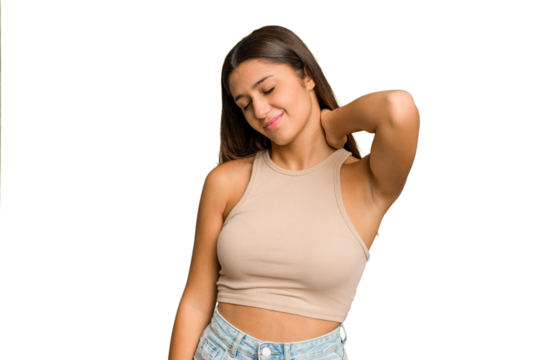Young Indian woman isolated cutout removal background suffering neck pain due to sedentary lifestyle.