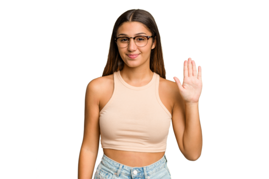 Young Indian woman isolated cutout removal background smiling cheerful showing number five with fingers.