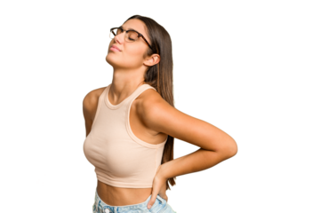 Young Indian woman isolated cutout removal background suffering a back pain.