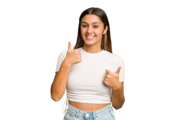 Young Indian woman isolated cutout removal background raising both thumbs up, smiling and confident.