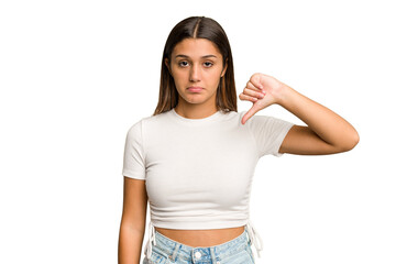 Young Indian woman isolated cutout removal background showing a dislike gesture, thumbs down....