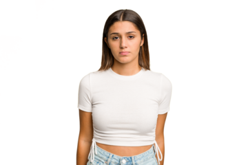 Young Indian woman isolated cutout removal background sad, serious face, feeling miserable and displeased.