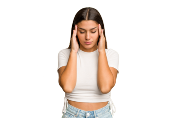 Young Indian woman isolated cutout removal background touching temples and having headache.