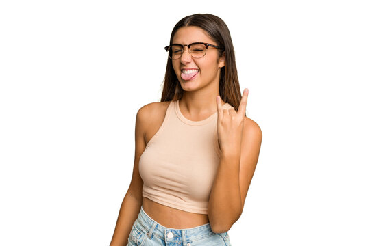 Young Indian Woman Isolated Cutout Removal Background Showing Rock Gesture With Fingers