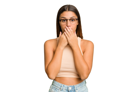Young Indian woman isolated cutout removal background shocked, covering mouth with hands, anxious to discover something new.