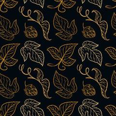 Beer hopes leaves and cones vector seamless pattern on the dark blue background