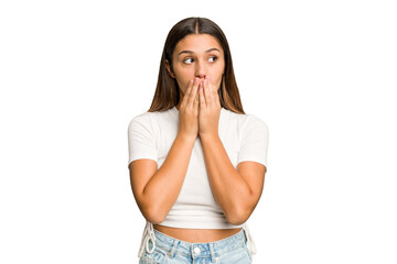 Young Indian woman isolated cutout removal background thoughtful looking to a copy space covering...