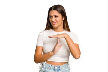 Young Indian woman isolated cutout removal background showing a timeout gesture.