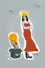 3d retro abstract creative artwork template collage of hand box hold electric light bulb smart...
